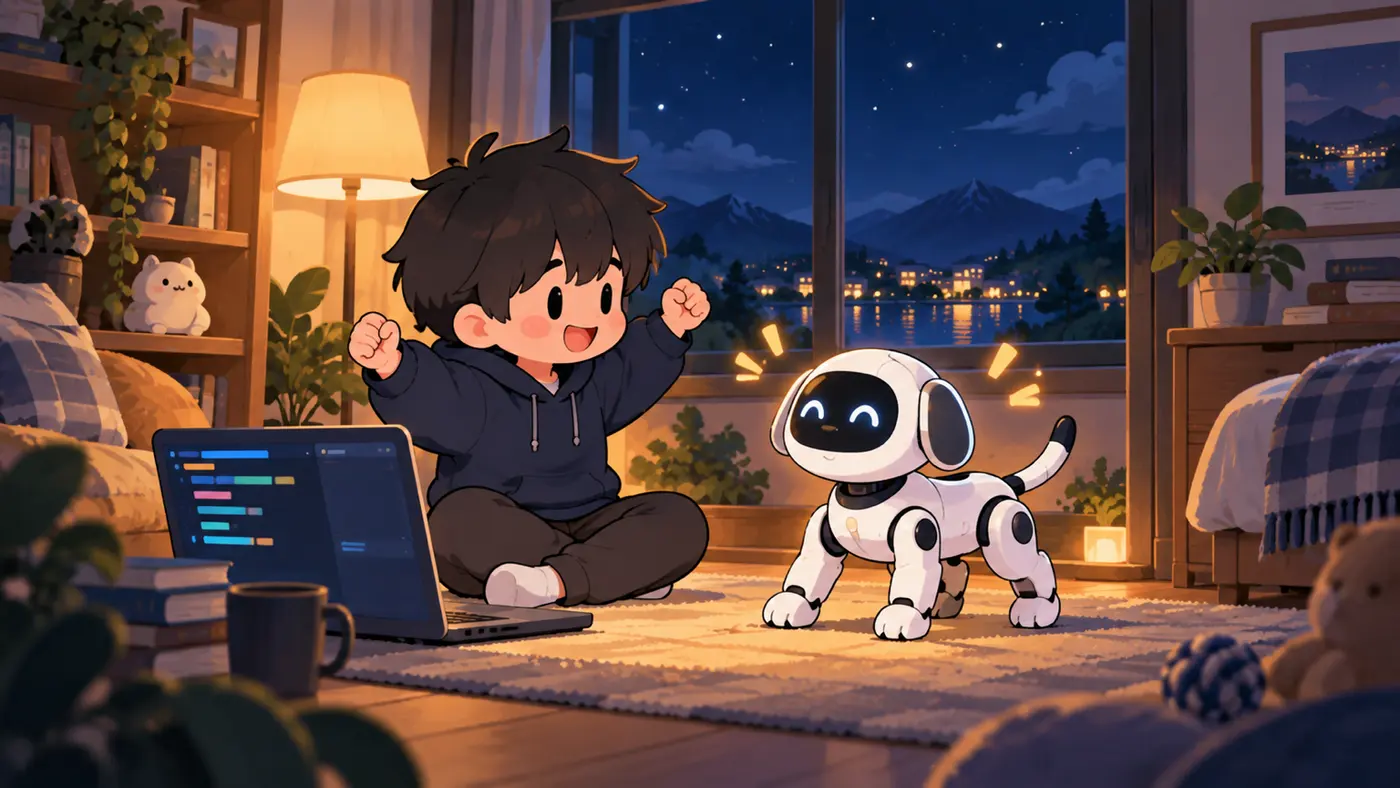 AI-generated illustration: in a small living room at night, a white robot dog stands up for the first time while a student cheers in front of a laptop