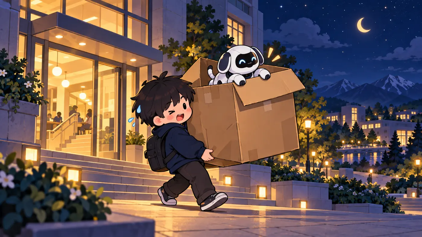 AI-generated illustration: a student struggles to carry a huge cardboard box out of a university building, a white robot dog peeking out