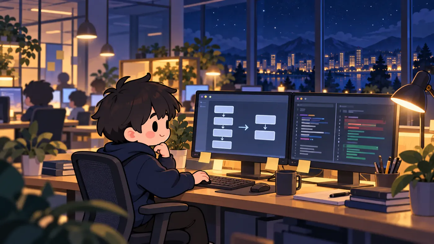 AI-generated illustration: a student at an office desk with two monitors showing a simplified step-by-step flow, sticky notes on the screen