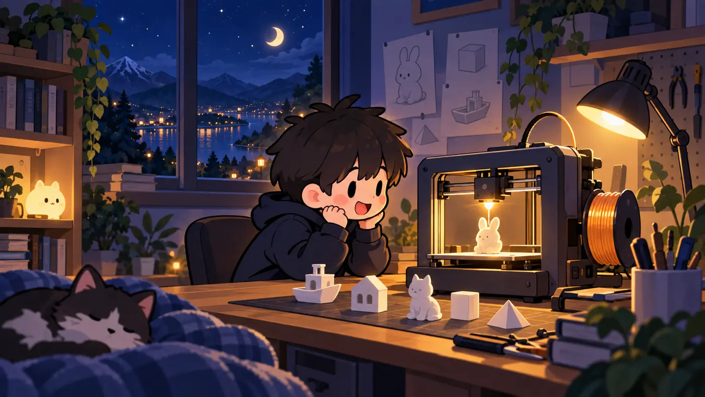 AI-generated illustration: late at night, a student excitedly watches a 3D printer print its first small part