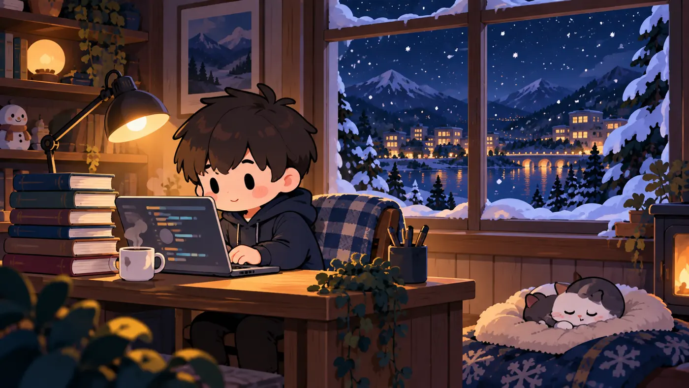 AI-generated illustration: late on a winter night, a student codes at a desk with a laptop, a stack of programming books and a hot drink, snow outside