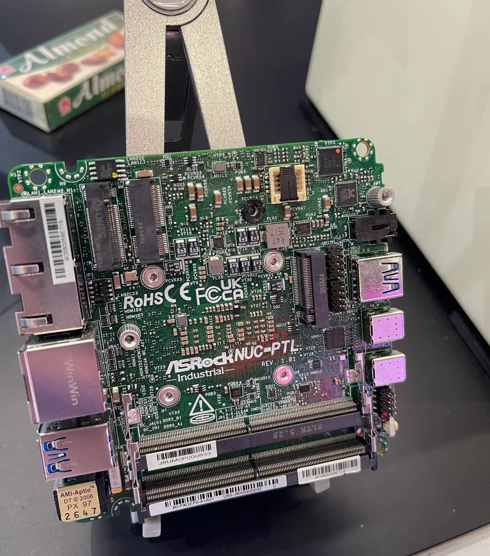 A small industrial motherboard on display