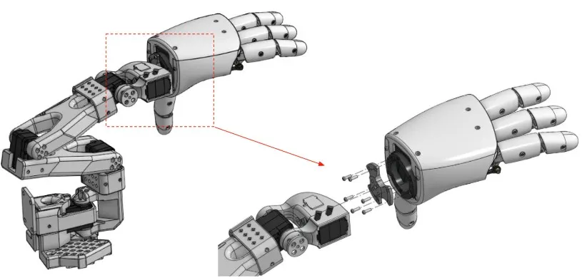 Official diagram: AmazingHand mounted on the end of an SO-ARM arm