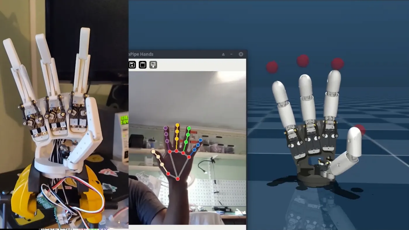 Official hand-tracking demo: a real hand, the MediaPipe detection, and the robot hand in MuJoCo side by side