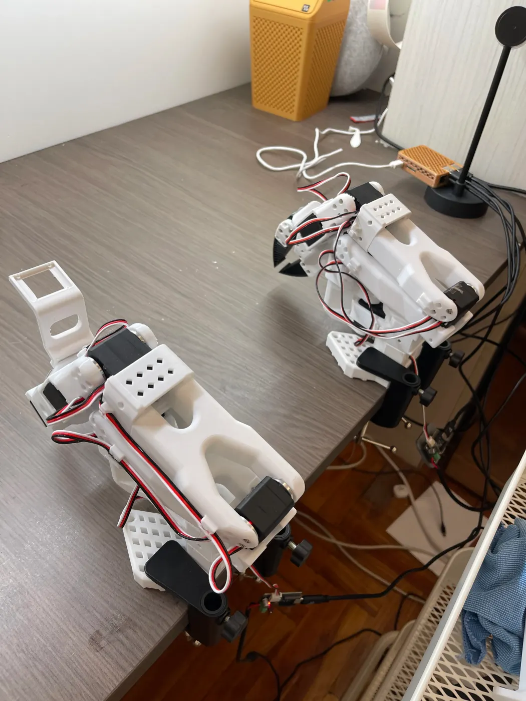 Side view of the leader and follower arms on the desk