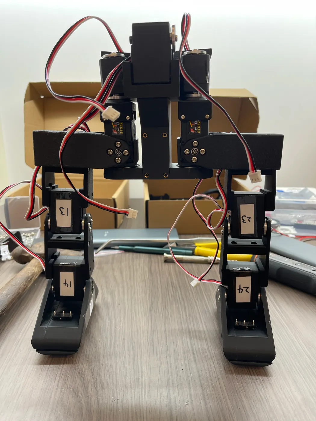 Front view of the legs attached to the torso, servo cables not yet tidied