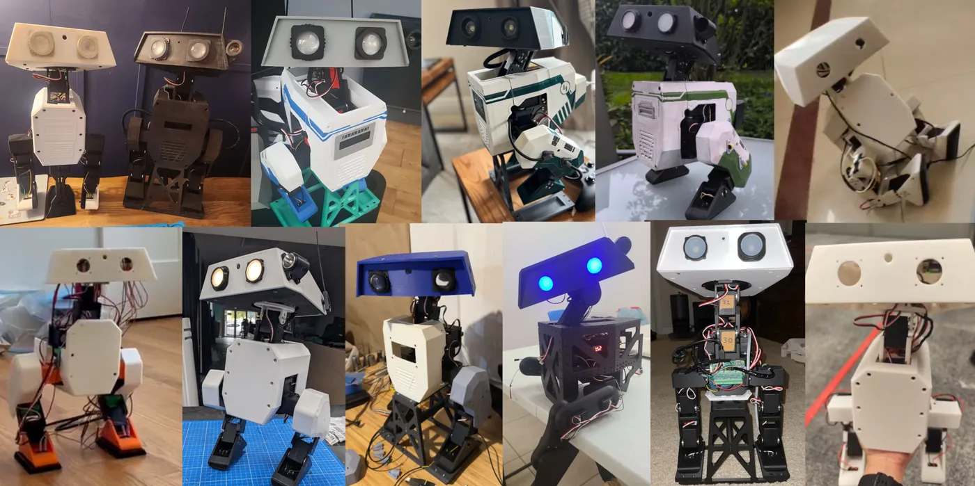 A collage of Open Duck Minis built by community members, with different shell colors and designs