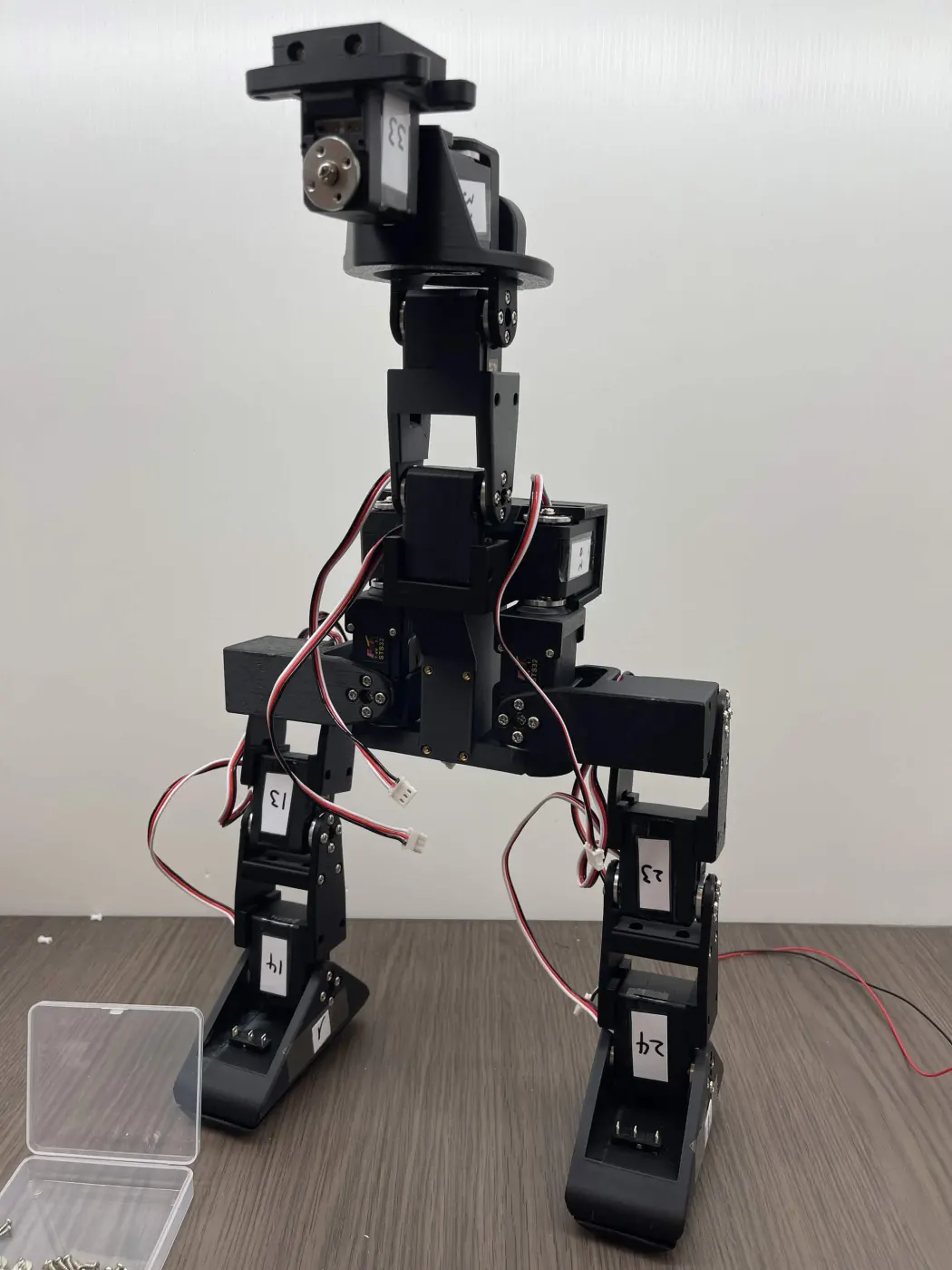 The complete black skeleton standing upright on the desk
