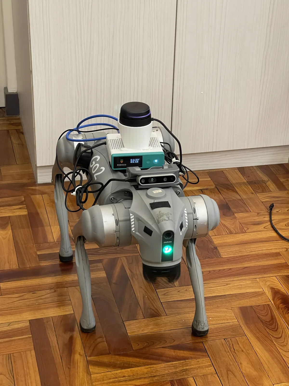 The first PawAI perception stack mounted on the Go2, including RPLIDAR, RealSense, and an edge-compute box